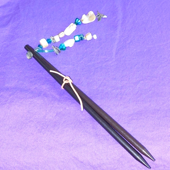 Hair Sticks Wooden with Abalone  Glass Beads and a Hummingbird. Handmade - Picture 2 of 6
